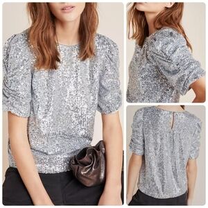 Anthropologie puffed shoulder sequin blouse